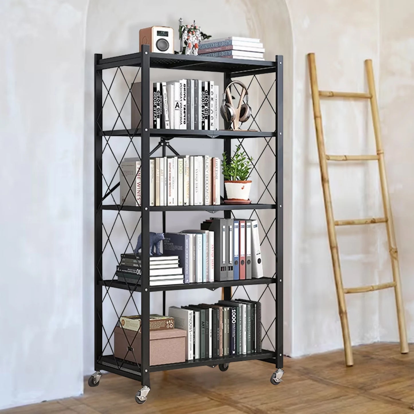 Metal Shelving 5-Tier w/Wheels, Adjustable, Foldable Rack
