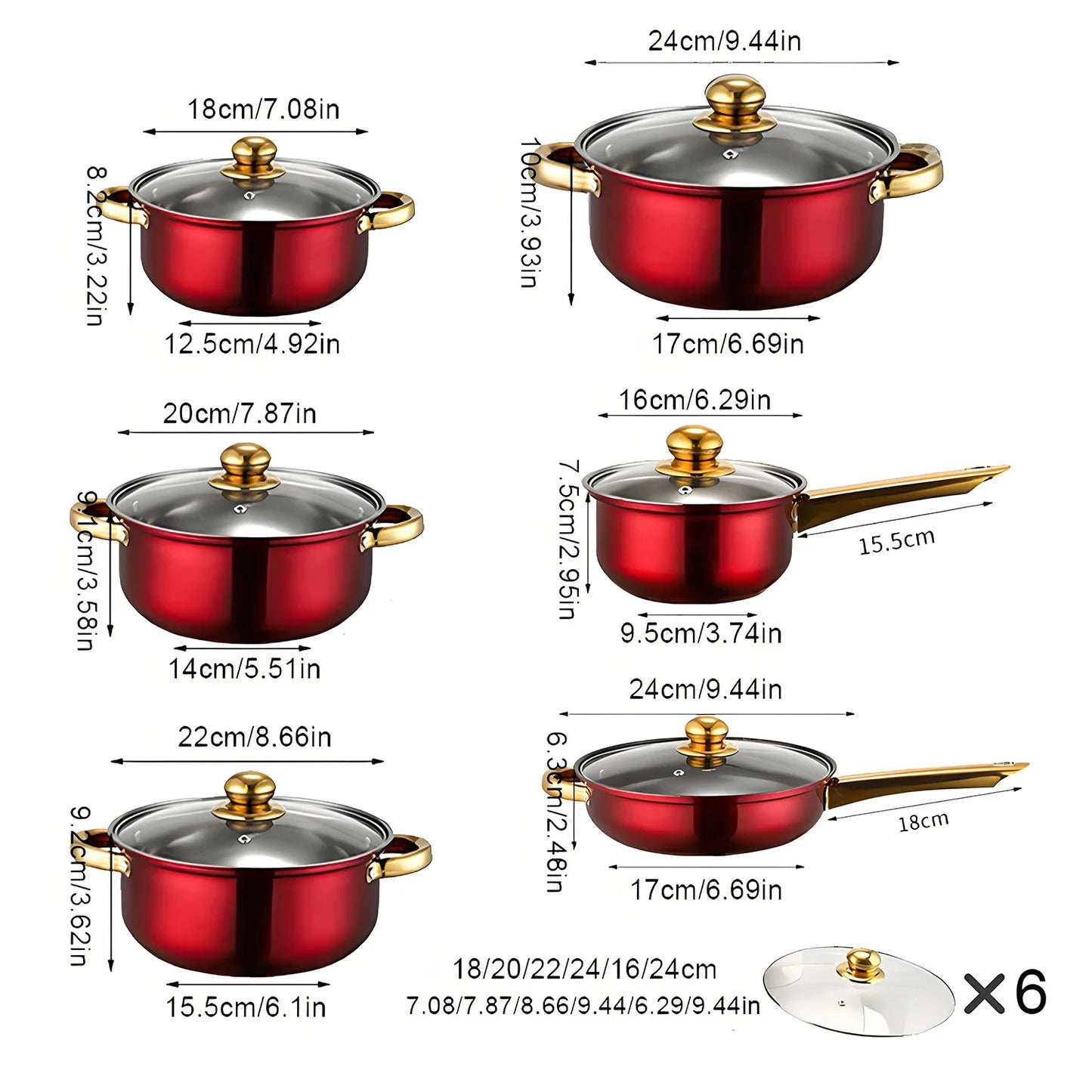 Red Cookware Set, 12-Piece ,Stainless Steel, Non-Stick