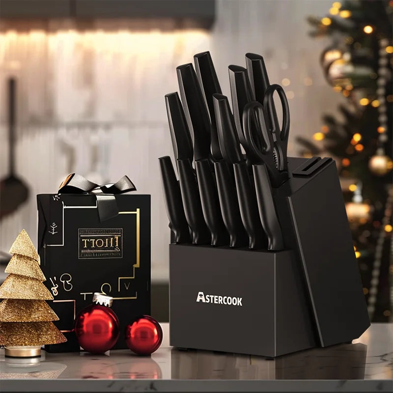 15pc Kitchen Knife Set w/Built-in Sharpener Block