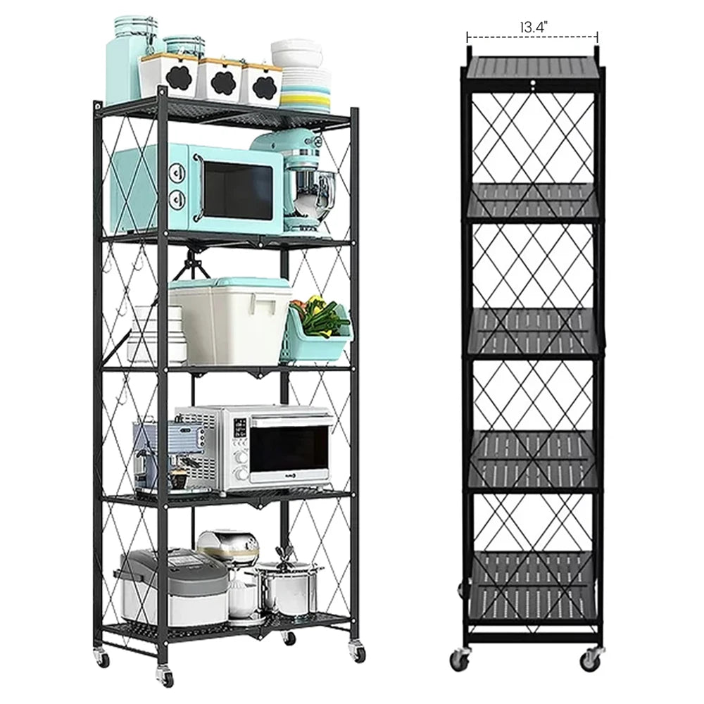 Metal Shelving 5-Tier w/Wheels, Adjustable, Foldable Rack