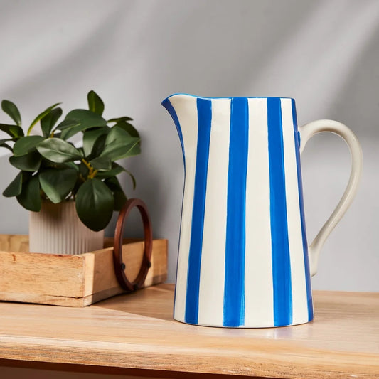 Handcrafted Ceramic Blue Stripe Pitcher Vase