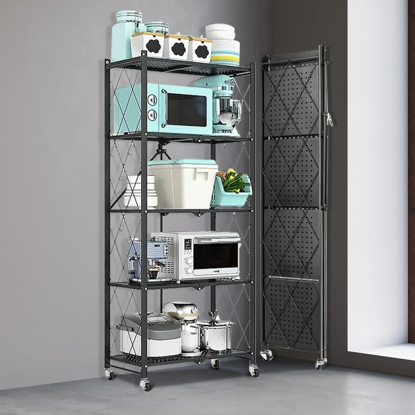 Metal Shelving 5-Tier w/Wheels, Adjustable, Foldable Rack