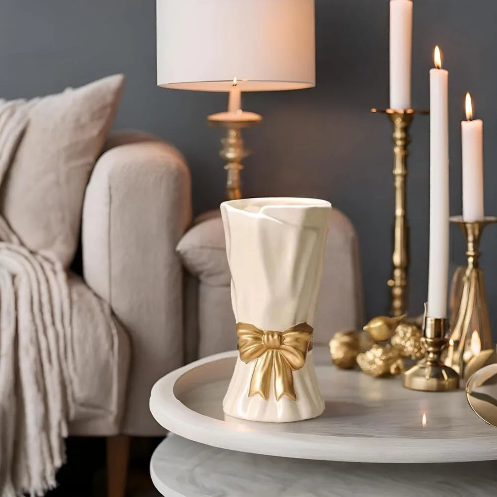 White w/Gold Bow Ceramic Vase