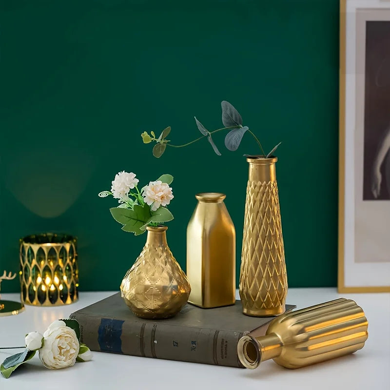 Cylindrical Gold Glass Vase, Gilded Finish 4/8 Pieces