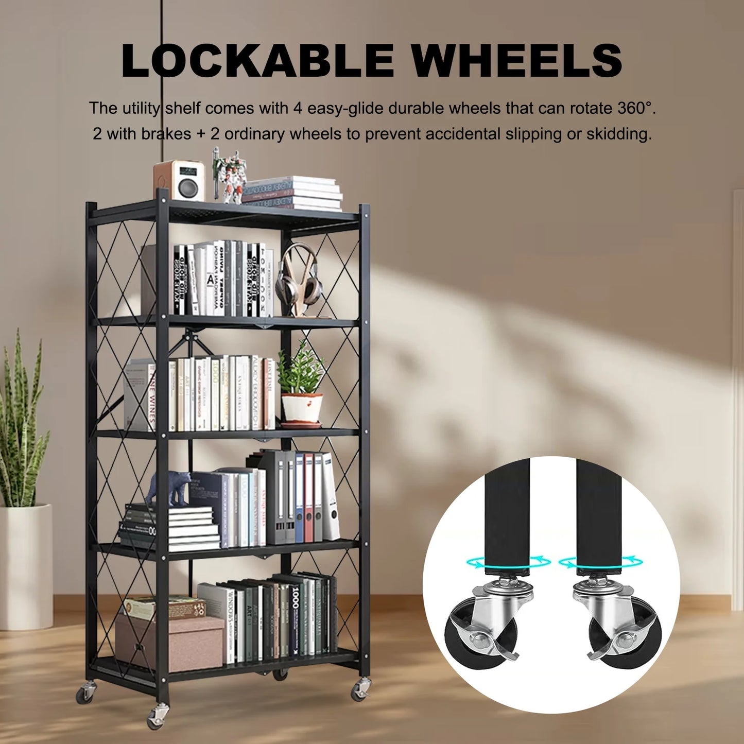 Metal Shelving 5-Tier w/Wheels, Adjustable, Foldable Rack