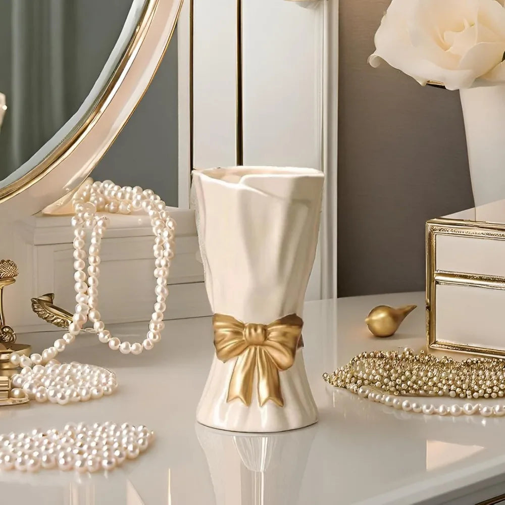 White w/Gold Bow Ceramic Vase