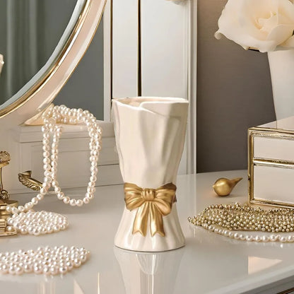 White w/Gold Bow Ceramic Vase