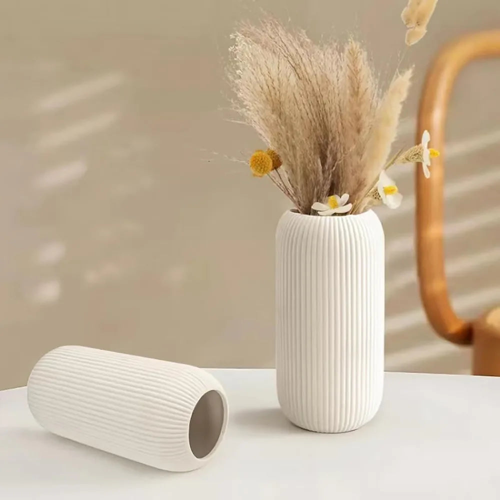 White Ceramic Ribbed Decorative Vase