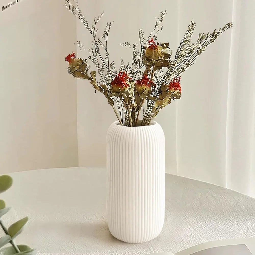 White Ceramic Ribbed Decorative Vase