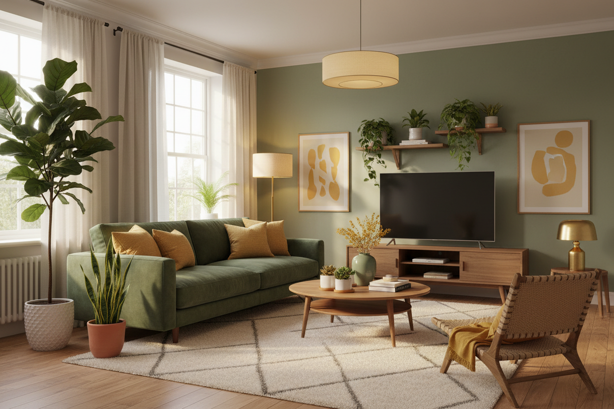 realsitic living room with sage green decor and warm yellow - add plants 